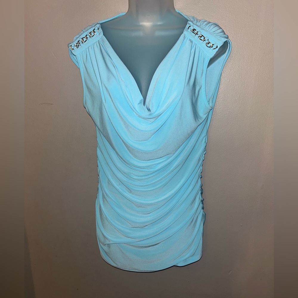 White House Black Market Shirt - light aqua scoop neck w/chain details